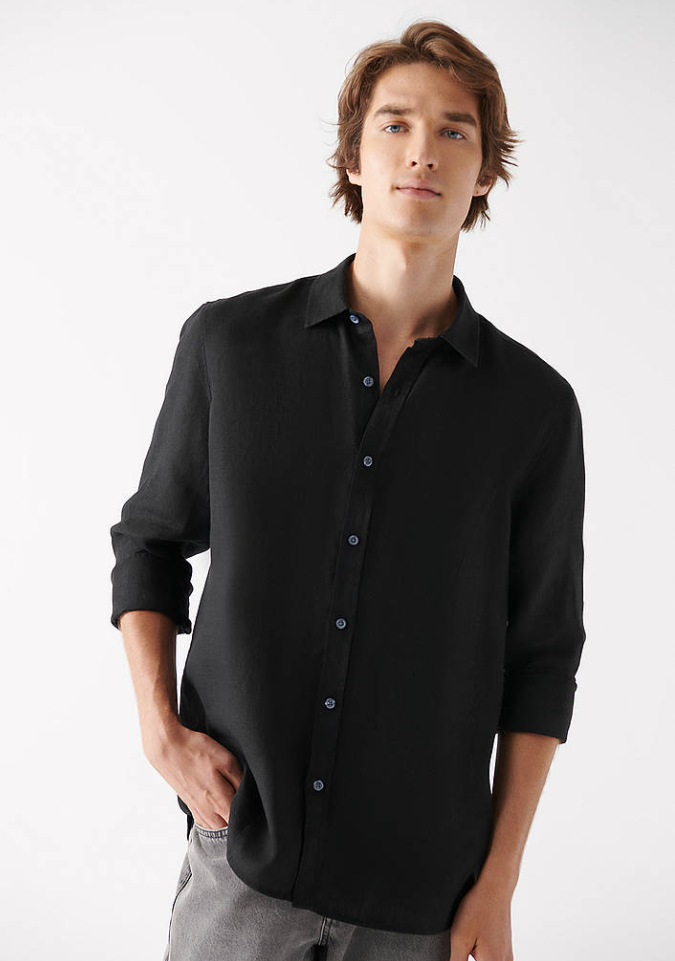 Siyah Rahat Kesim Ham Keten Gömlek