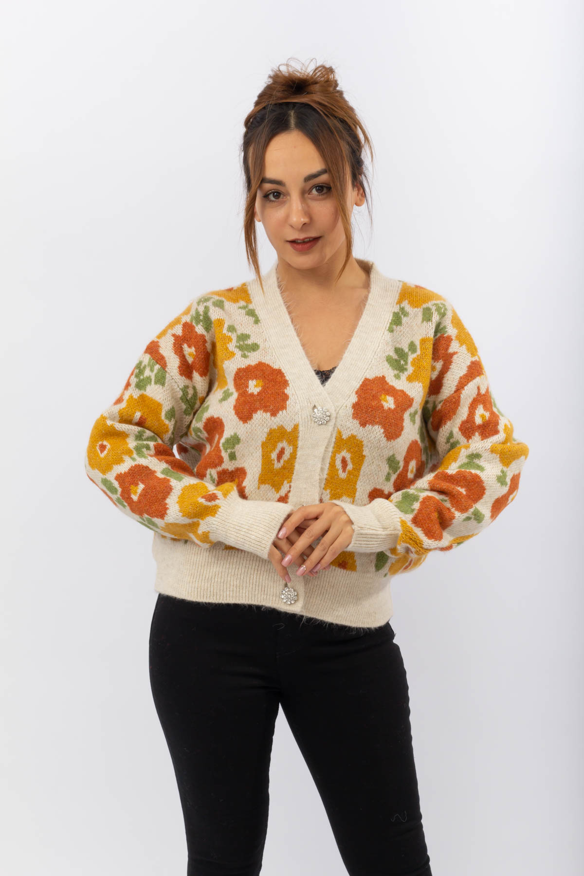 Hardal Renk Yumoş Çiçek Desenli Hırka