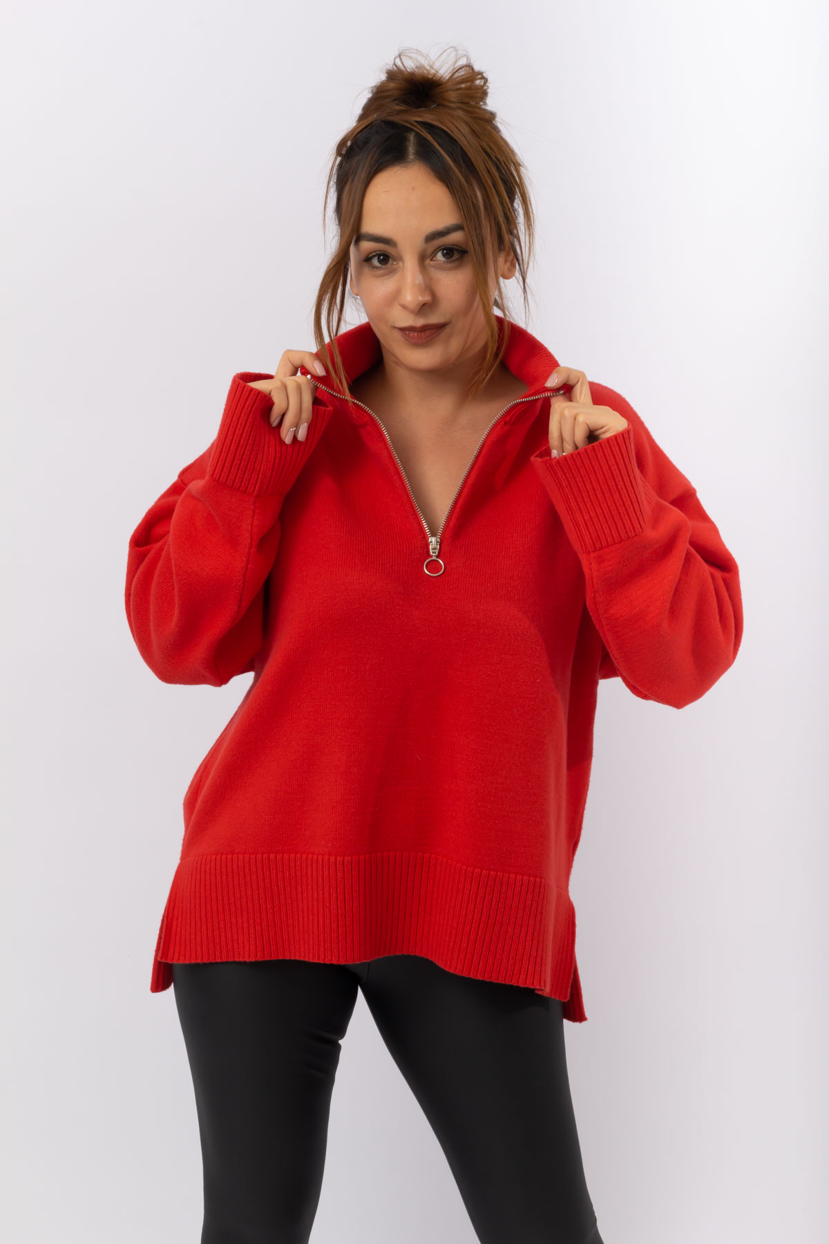 Kırmızı Renk Fermuar Yarım Balıkçı Kazak