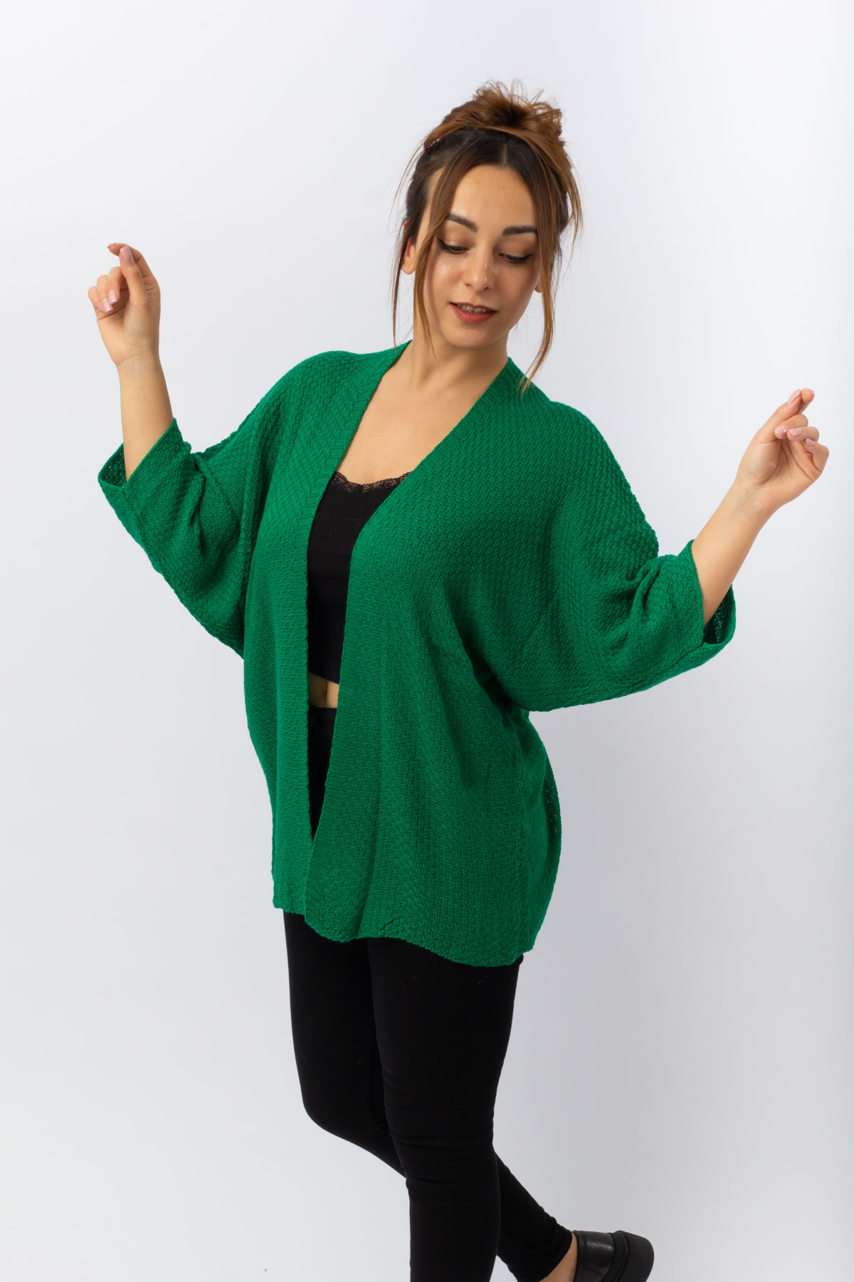 Yeşil Renk Yarasa Kol Triko Hırka