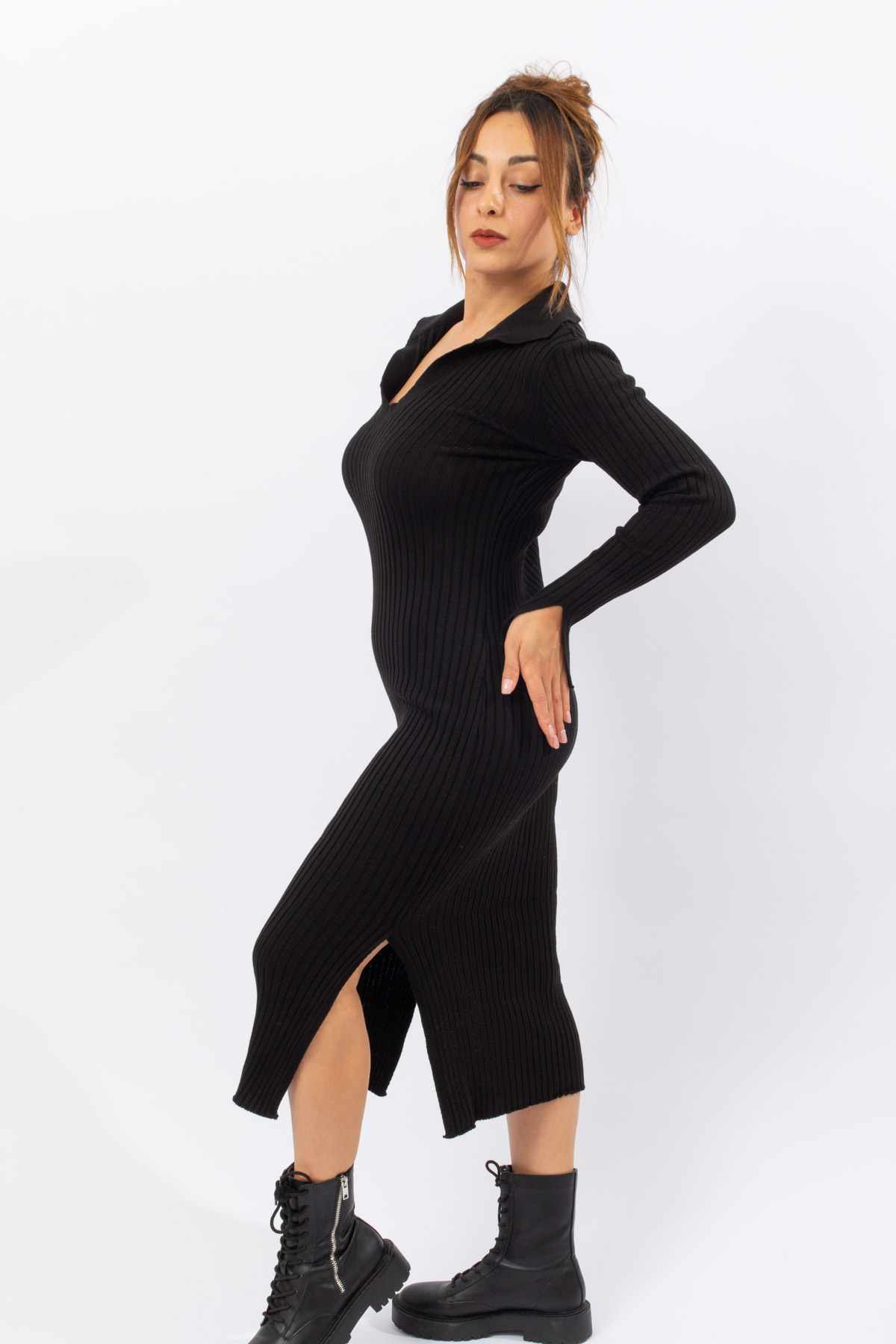 Siyah Renk Polo Yaka Triko Elbise