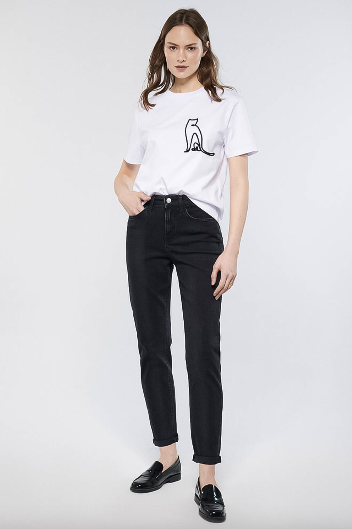 Cindy Yüksek Bel Daralan Paça Antrasit Gri Mom Jeans Pantolon