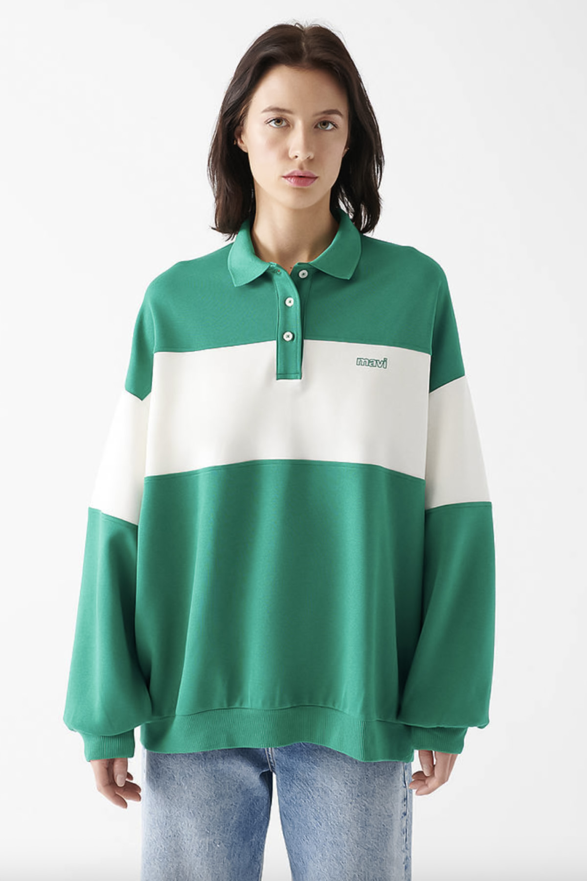 Mavi Logo Baskılı Yeşil Polo Oversize Tişört