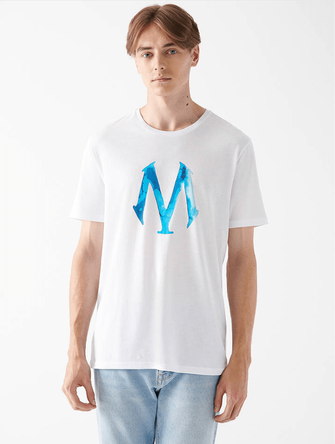 Beyaz Renk Mavi Logo Baskılı Tişört