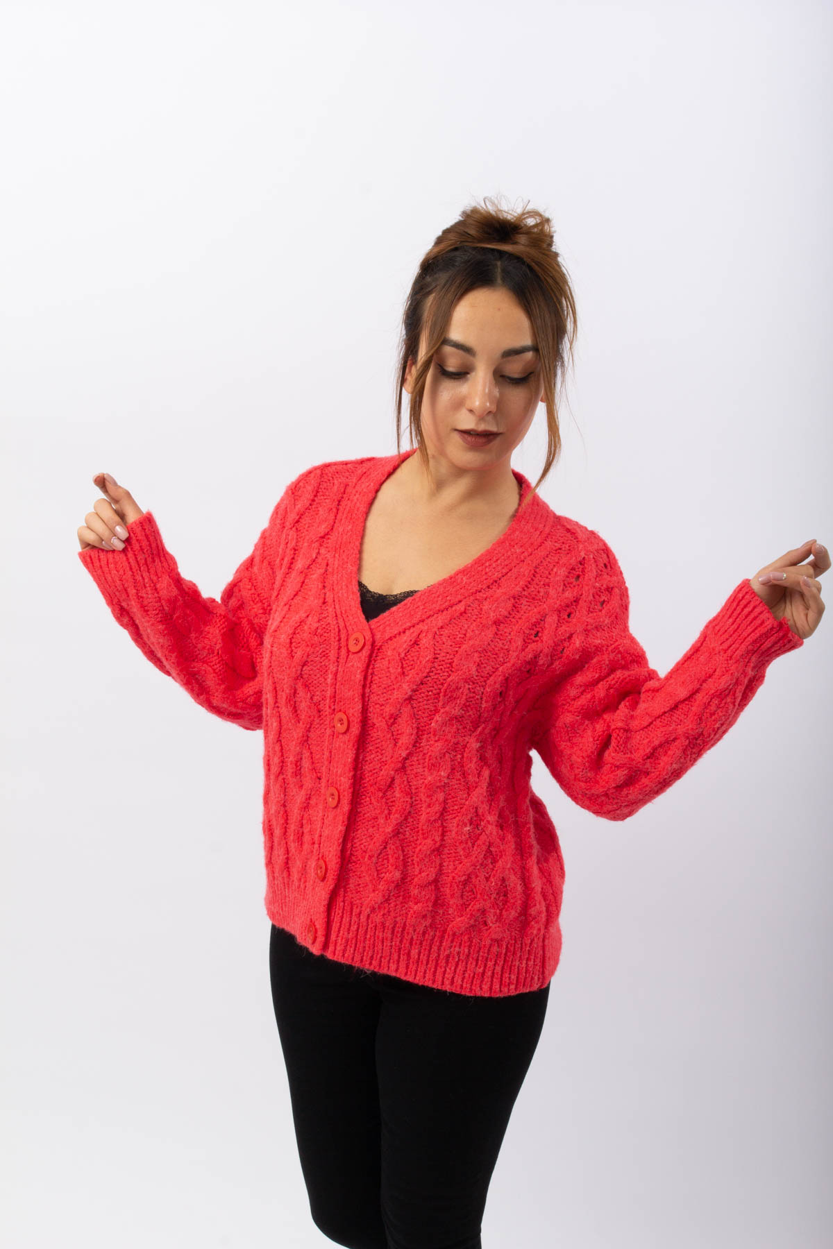 Nar Çiçeği Renk 5 Düğme Rahat Hırka