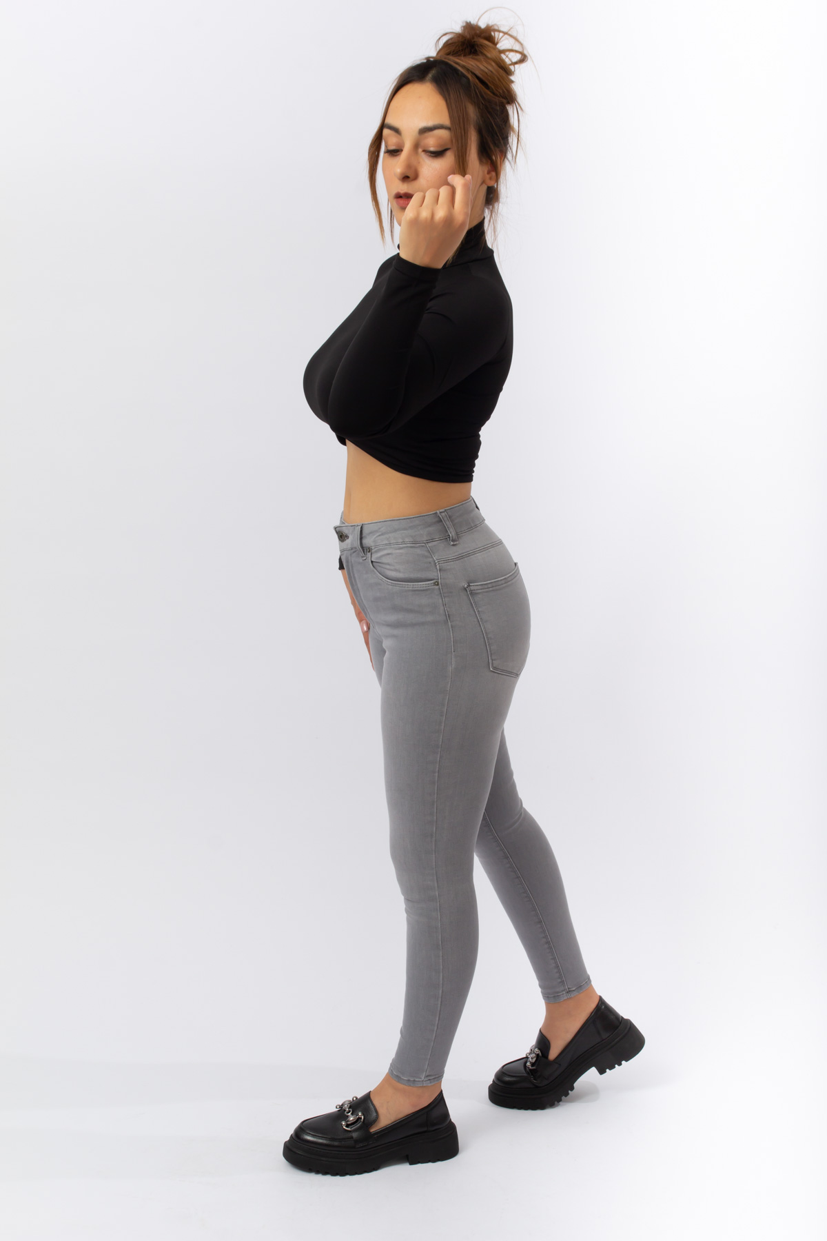 Yüksek Bel Likralı Comfort Fit Açık Gri Kot Pantolon