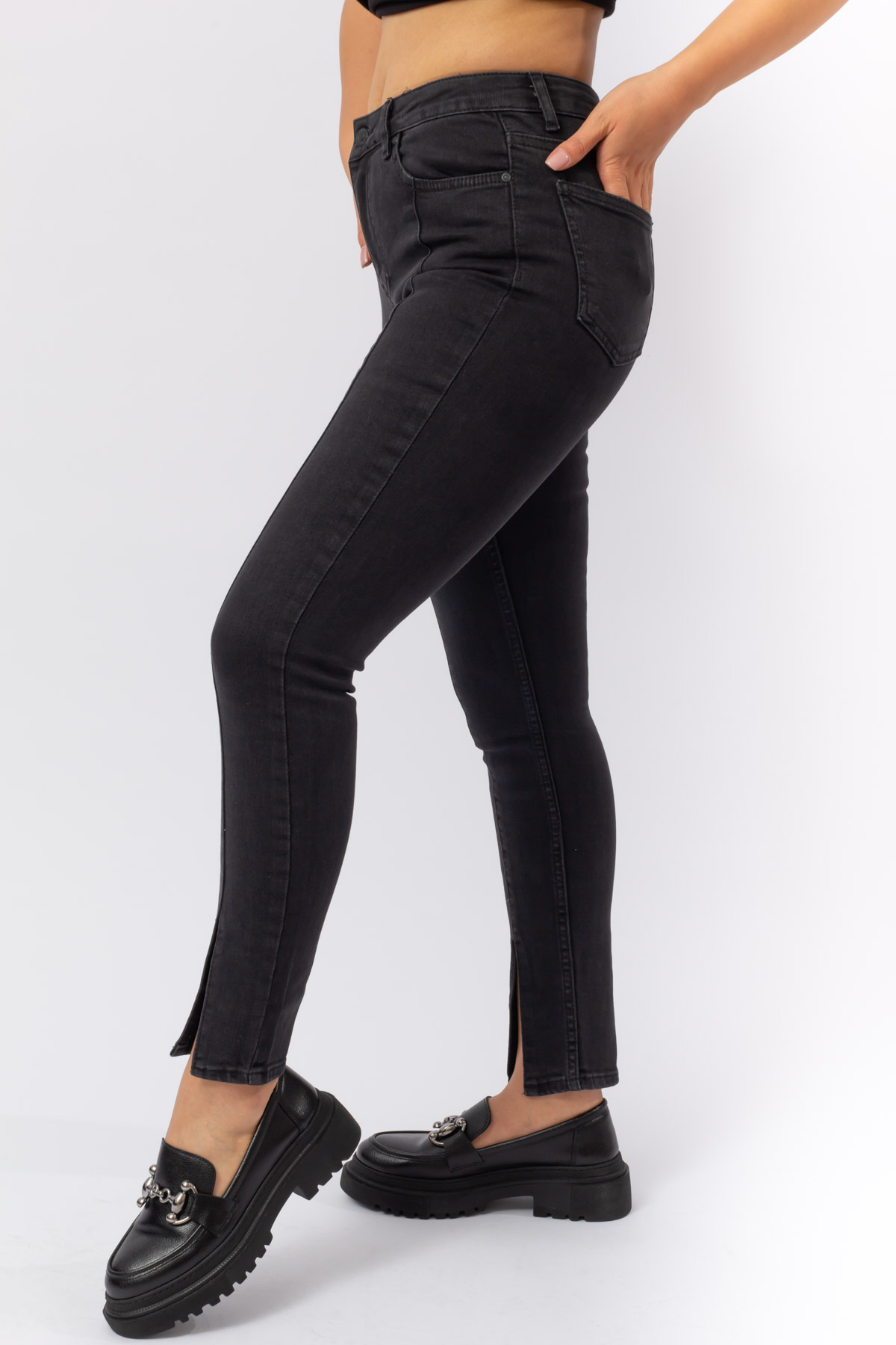 Antrasit Renk Skinny Yüksek BelKesik Paça Kot Pantolon