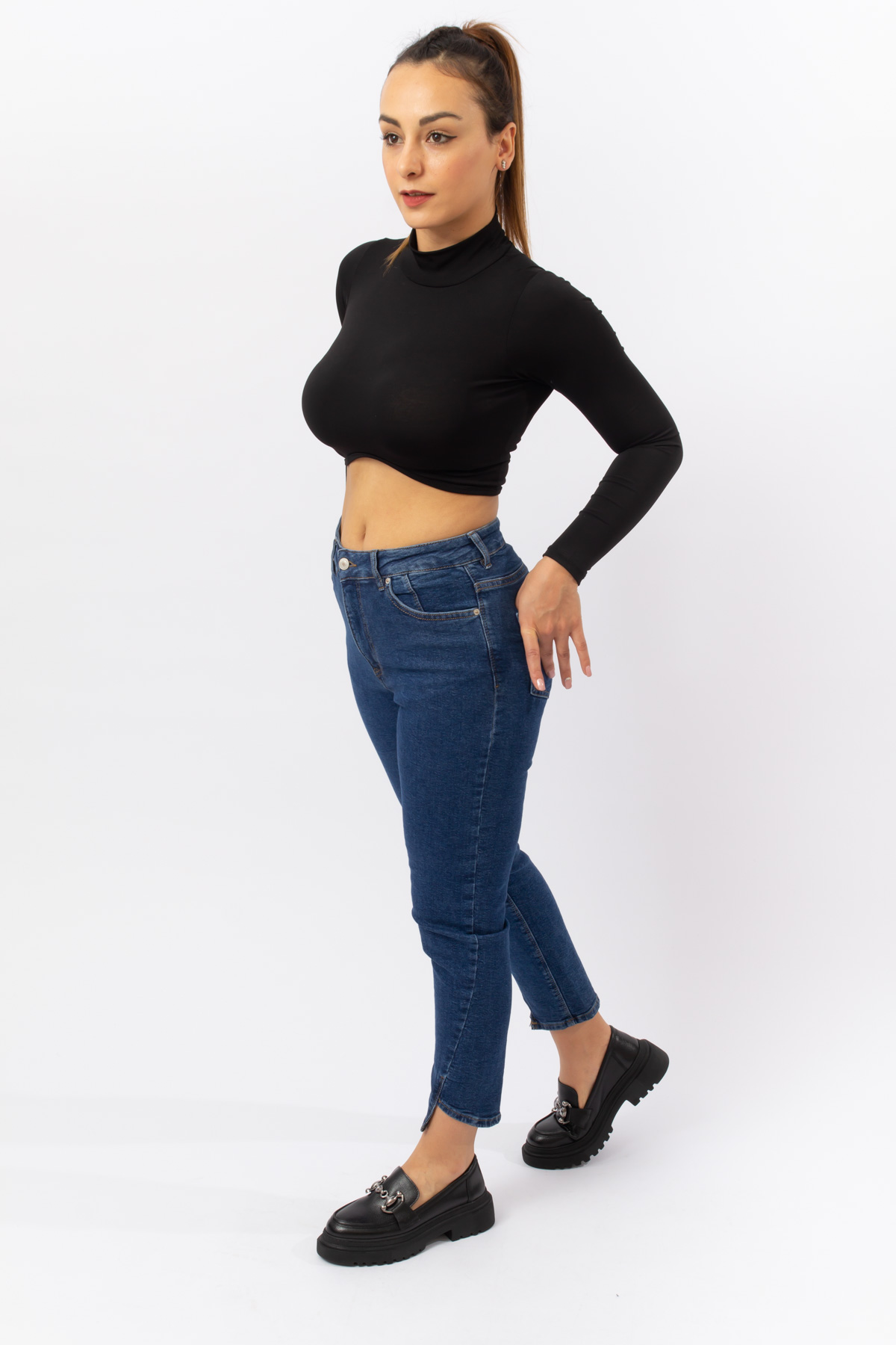 Lacivert Denim Paça Detay Likralı Mum Jeans