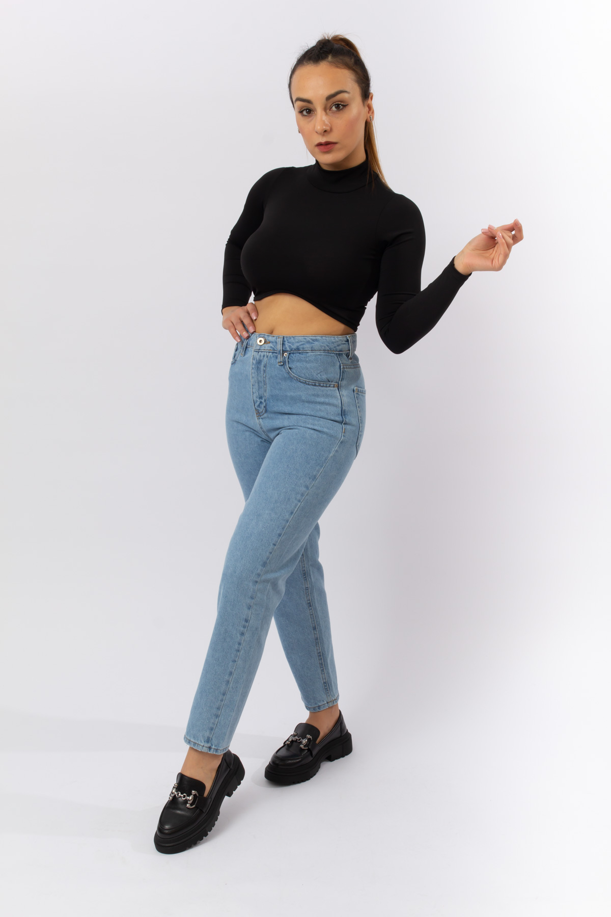 Buz Mavi Denim Yüksek Bel Likrasız Mom Jean