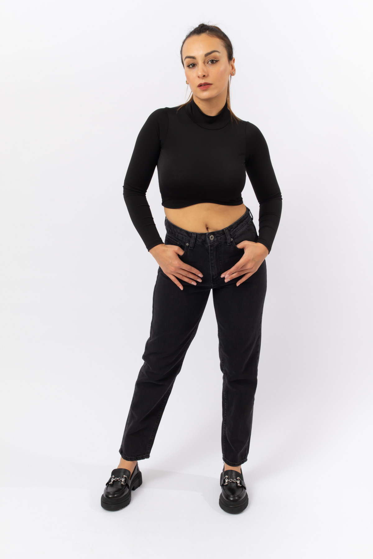 Siyah Denim Yüksek Bel Likrasız Mom Jean