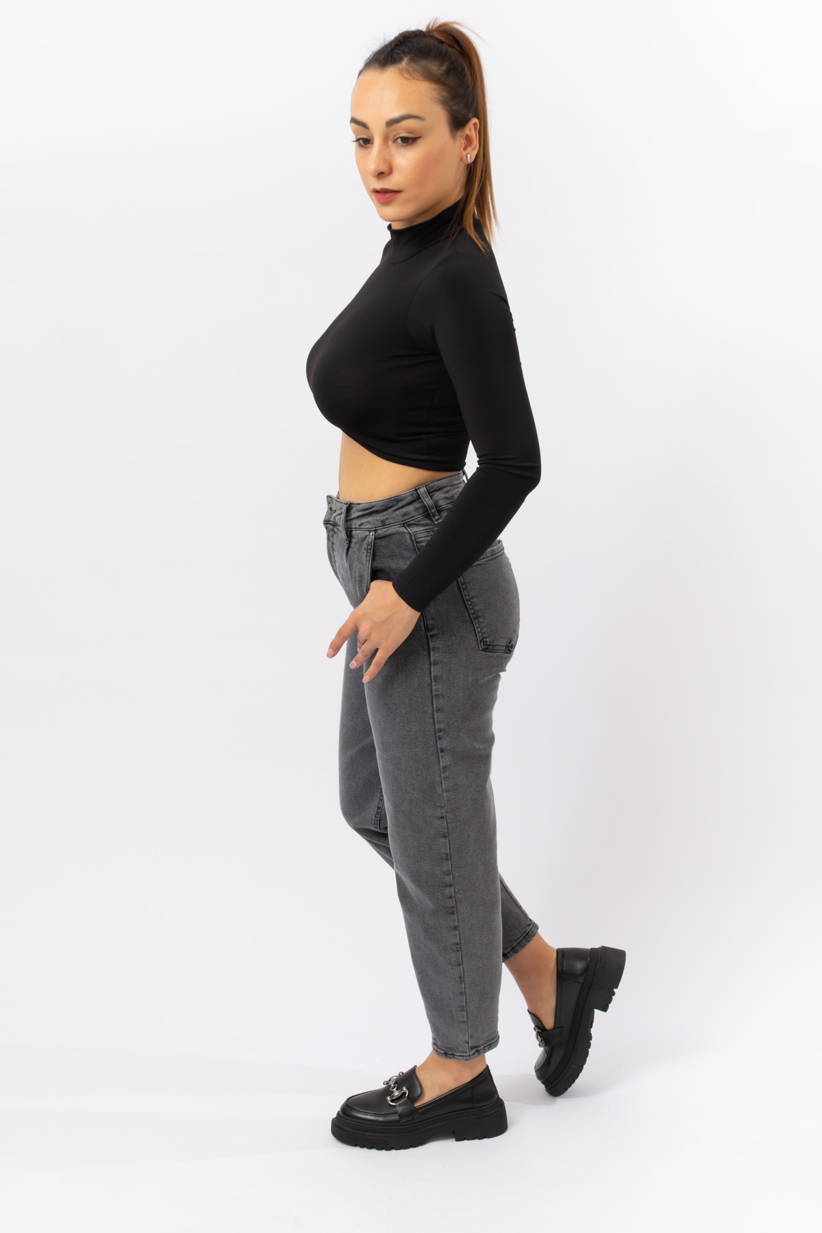 Antrasit Denim Yüksek Bel Yan Cep Daralan Paça Jean Pantolon