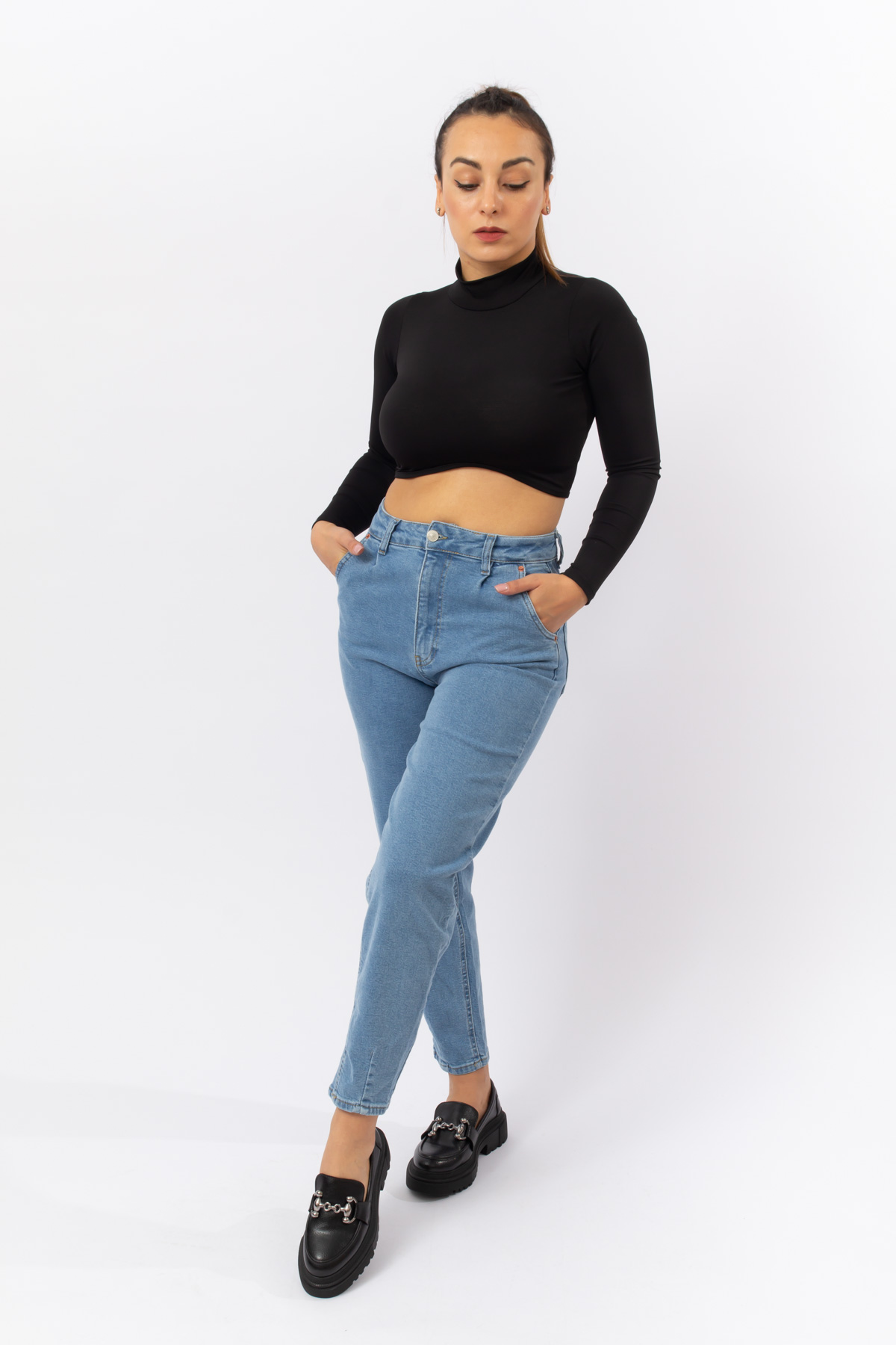 Buz Mavi  Denim Yüksek Bel Yan Cep Daralan Paça Jean Pantolon