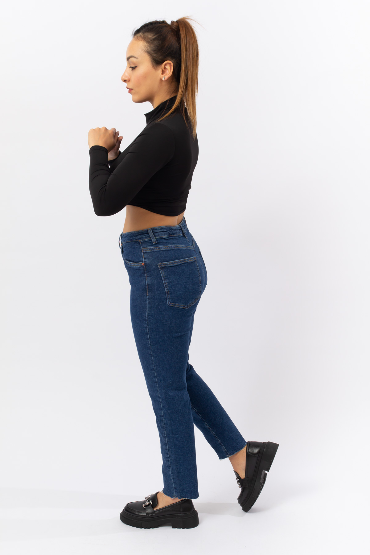 Lacivert Denim Kesik Paça Likralı Mum Jeans