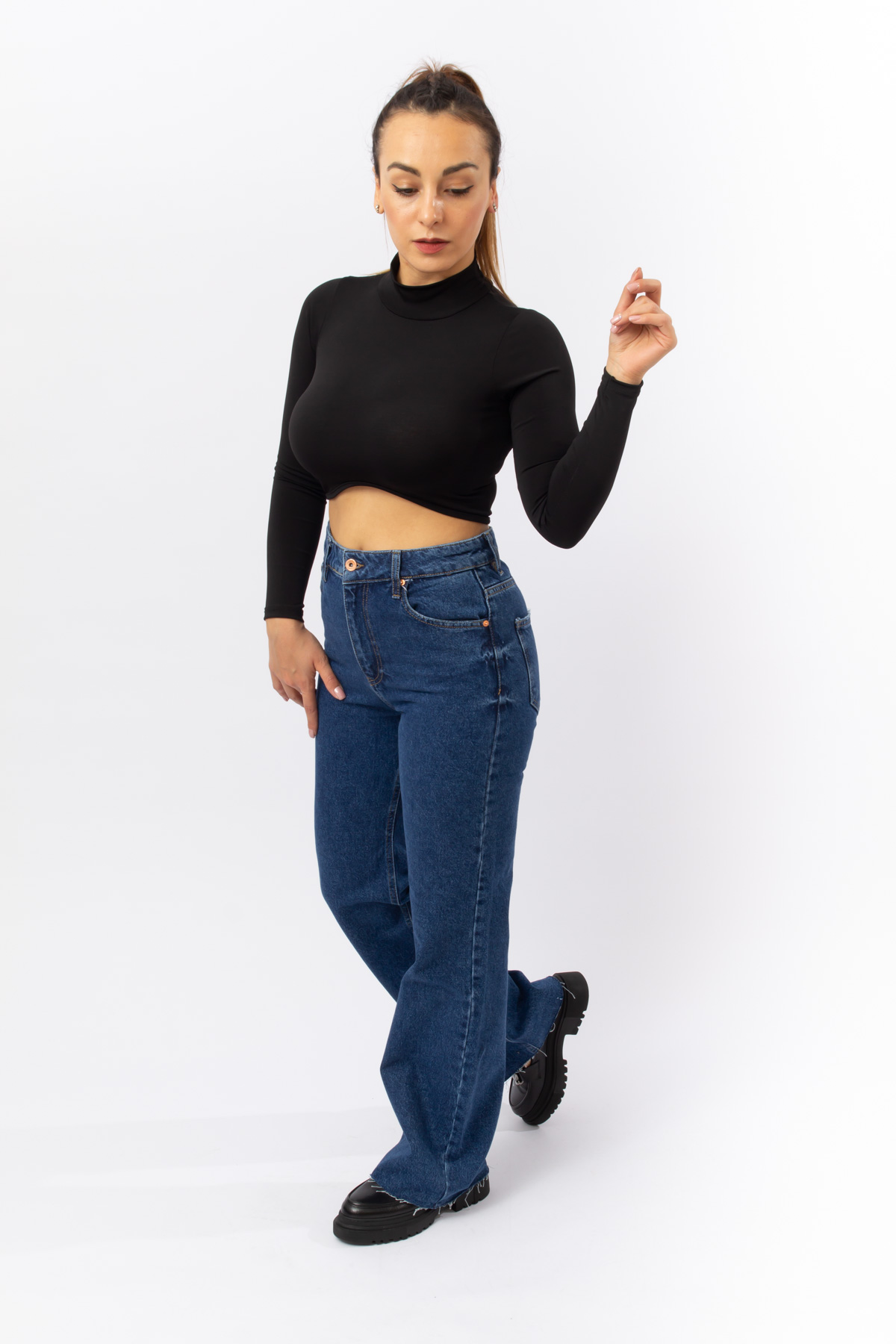 Lacivert Denim Kesik Paça Yüksek Bel Palazzo Jean