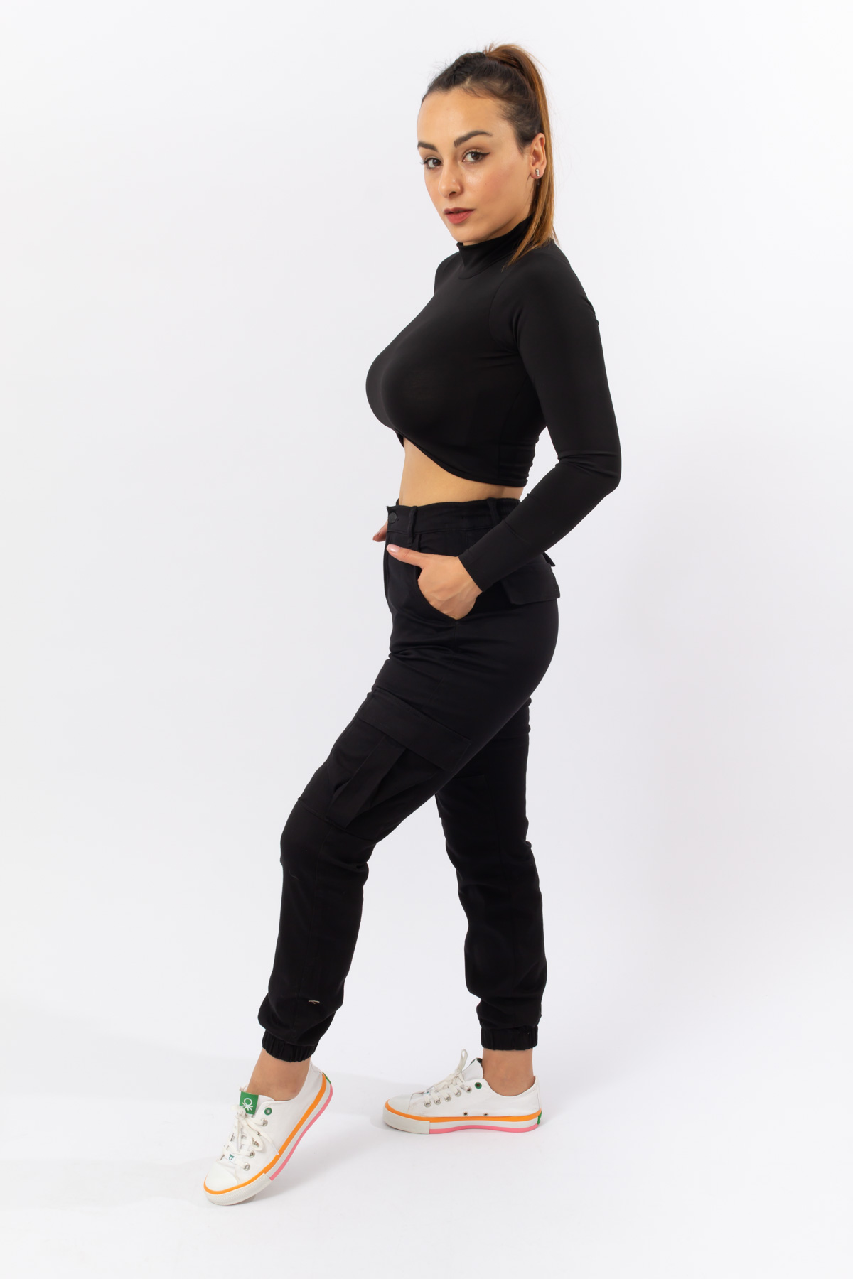 Siyah Renk Yüksek Bel Likralı Kargo Pantolon