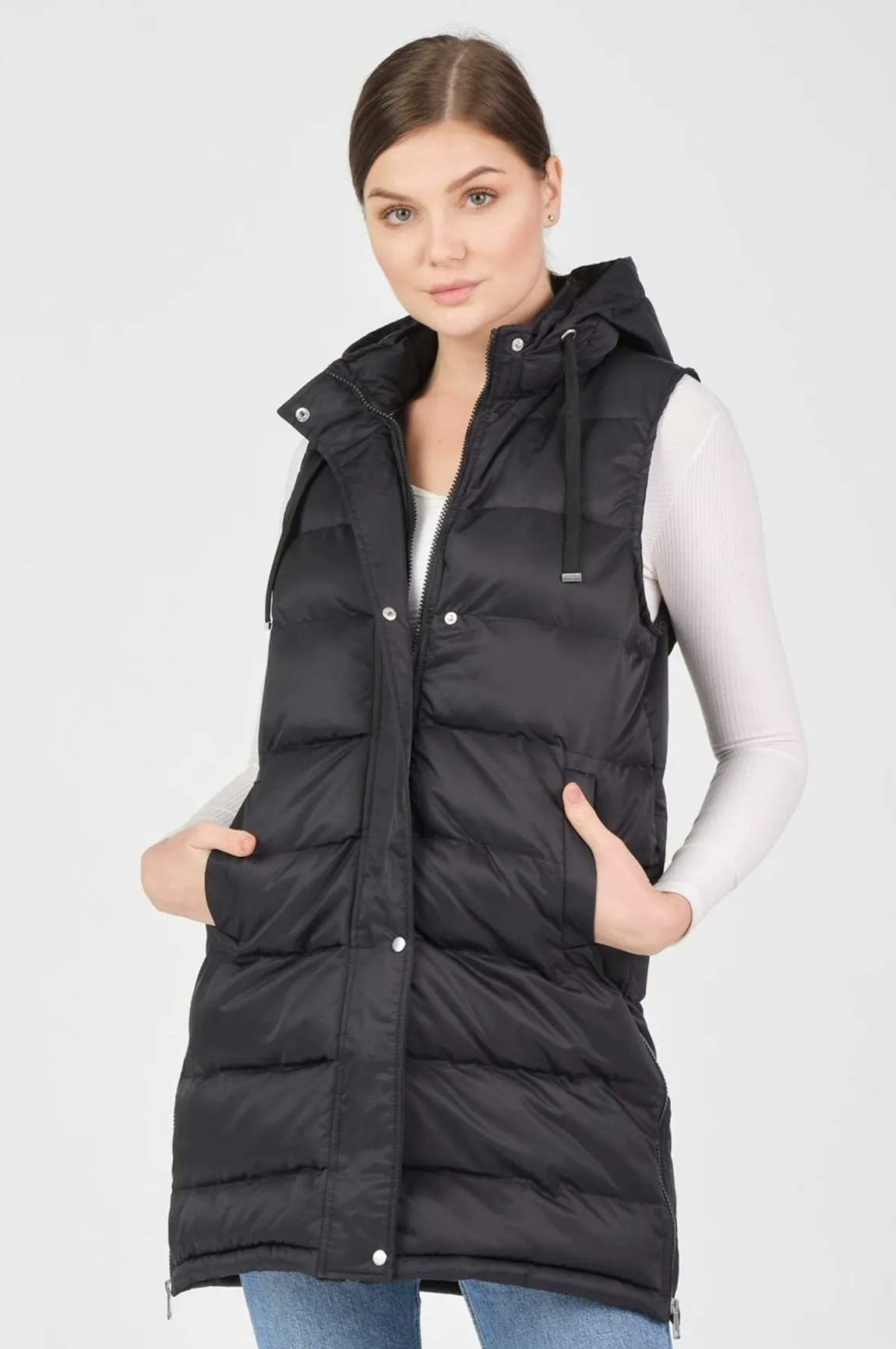 Fermuar Yırtmaç Basen Boy Sabit Kapşonlu Siyah Yelek