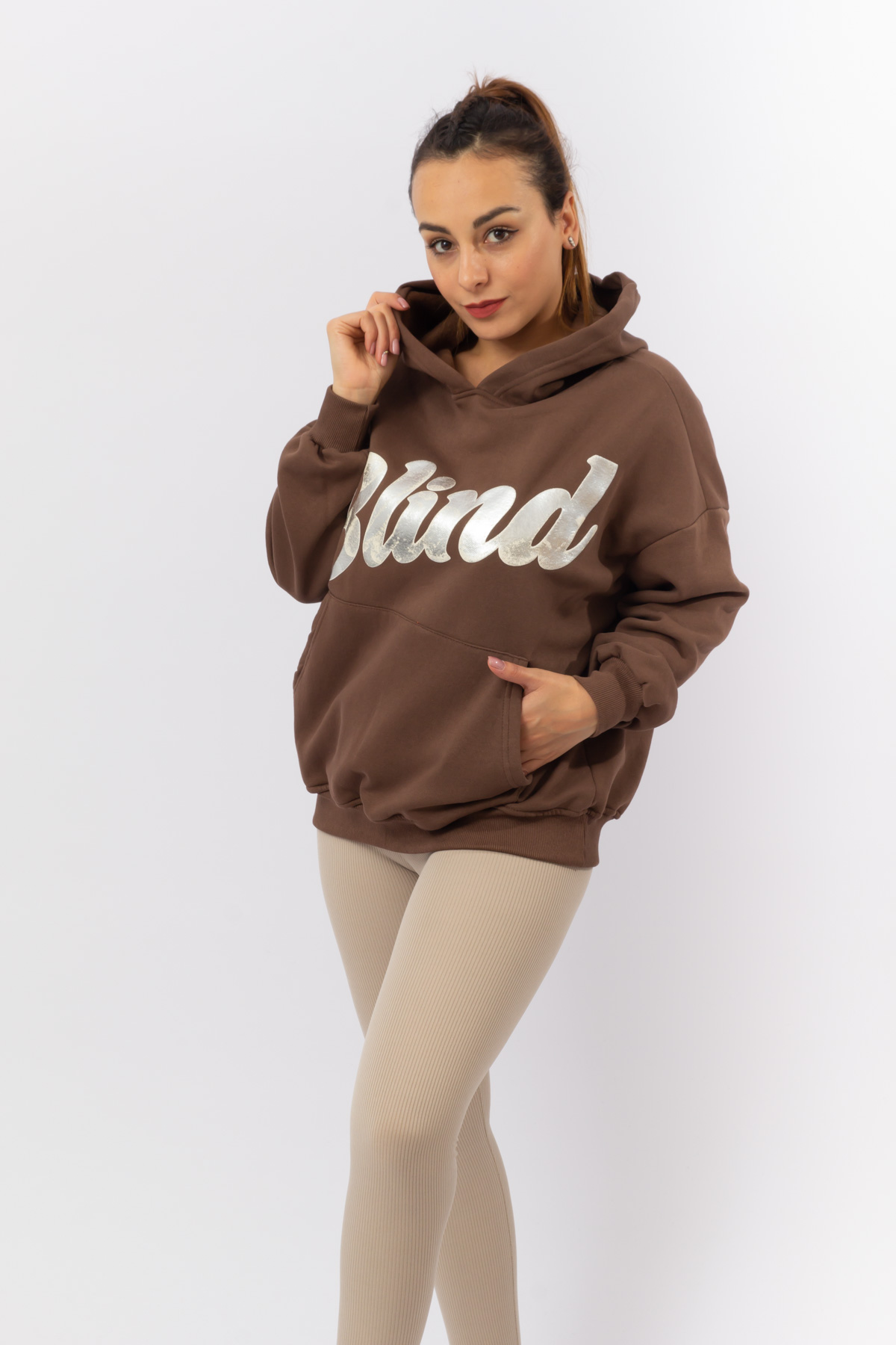 Koyu Kahverengi Şardonlu Oversize Basen Boy Blind Baskı Sweatshirt