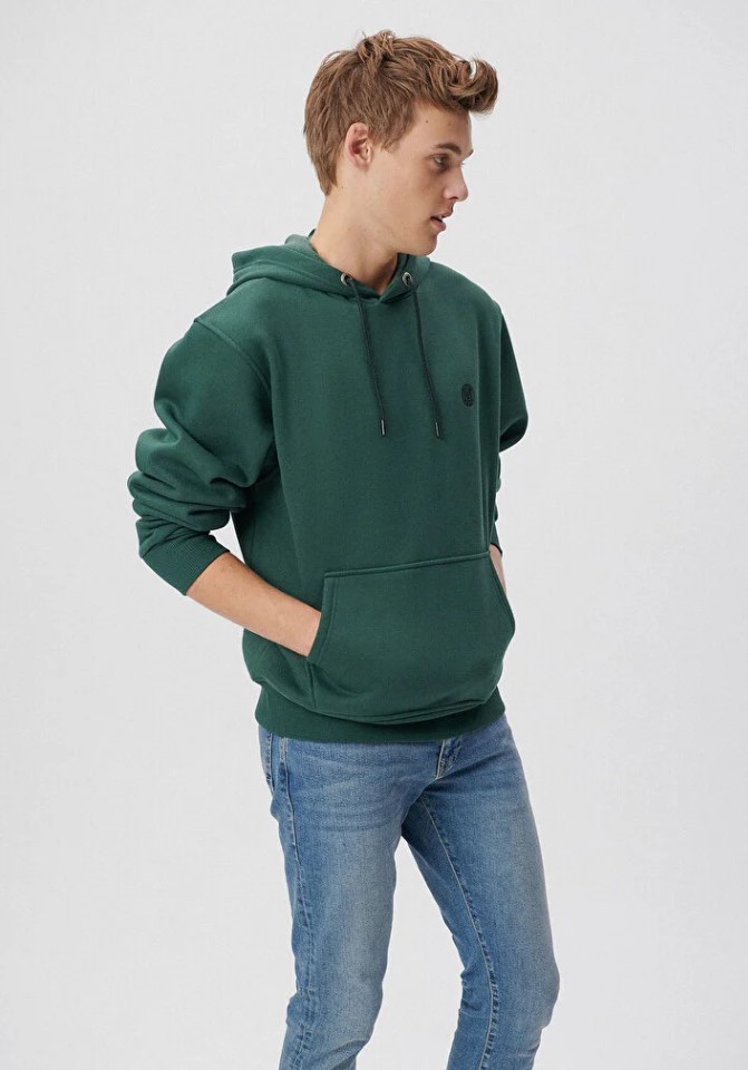 Mavi Logo Nakışlı Kapüşonlu Orman Yeşili Oversize Sweatshirt