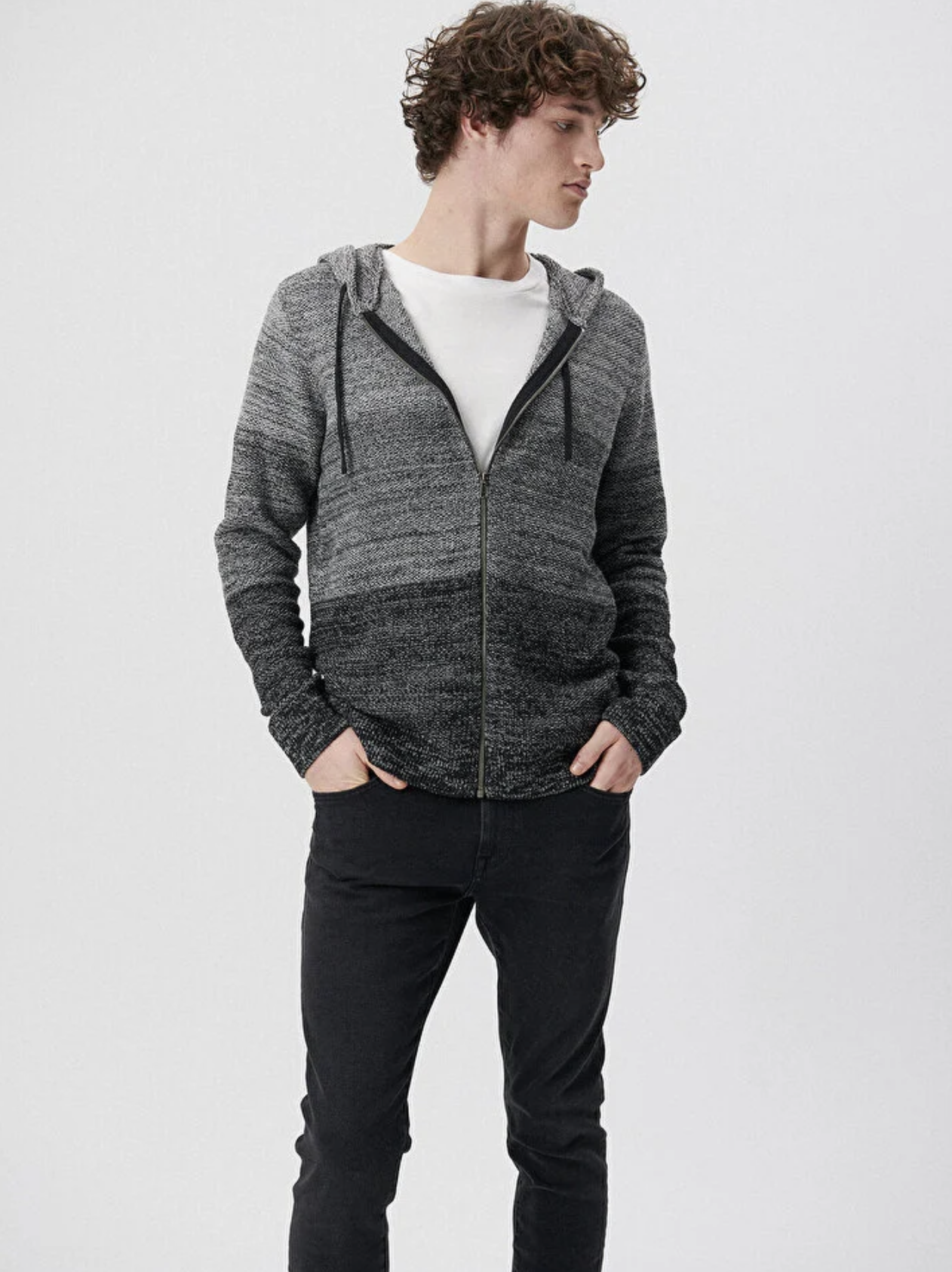 Kapüşonlu Blok Renkli Siyah Ve Gri Hırka