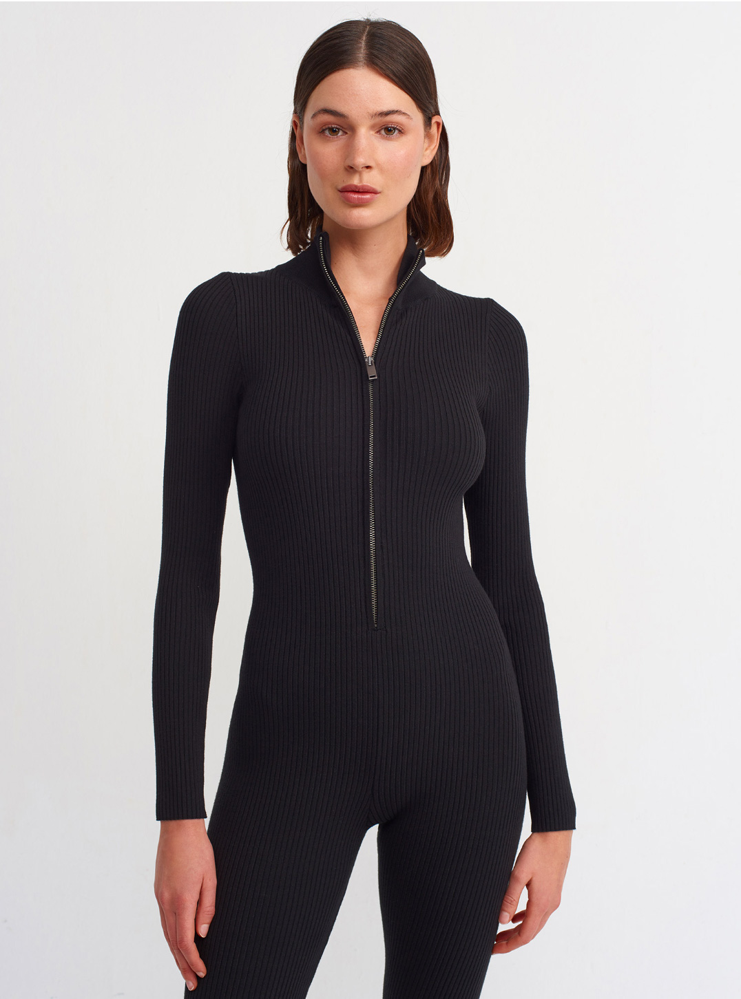 Fermuarlı Fitilli Slimfit  Siyah Triko Tulum