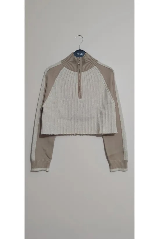 Yarım Balıkçı Gold Fermuarlı Krem Simli Kazak