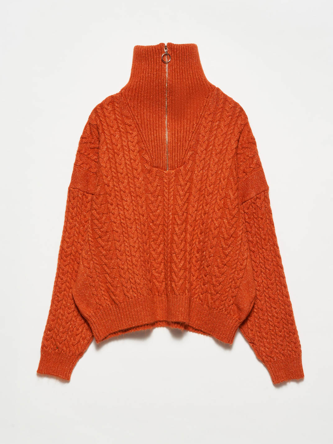 Kiremit Renk Fermuarlı Saç Örgü Kamyoner Yaka Kazak