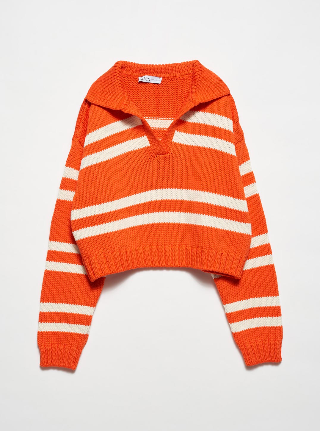 Turuncu Renk Beyaz Çizgili Polo Yaka Standart Kazak