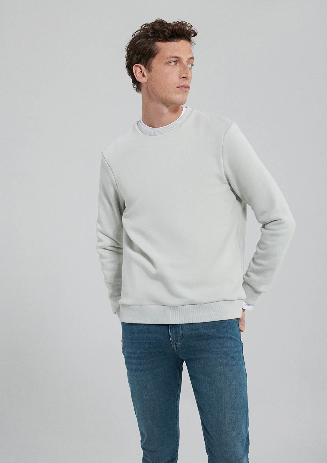 Bisiklet Yaka Sis Gri Şardonlu Basic Sweatshirt