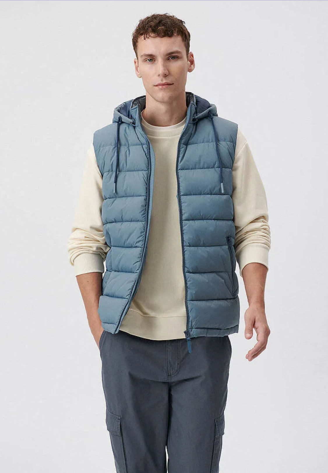 Puslu Mavi Kapüşonlu Regüler Kesim Şişme Yelek