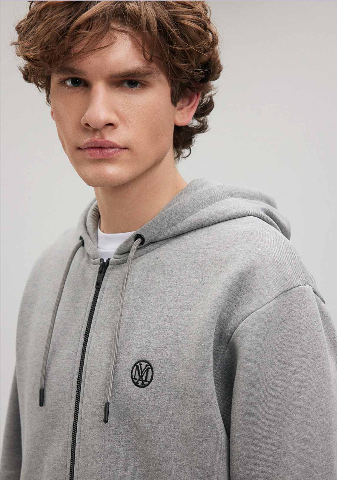 Mavi Logolu Kapüşonlu Fermuarlı Gri Sweatshirt