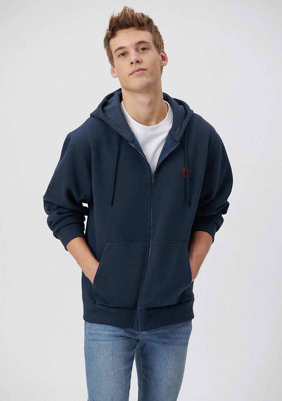 Mavi Logolu Kapüşonlu Fermuarlı Lacivert Sweatshirt