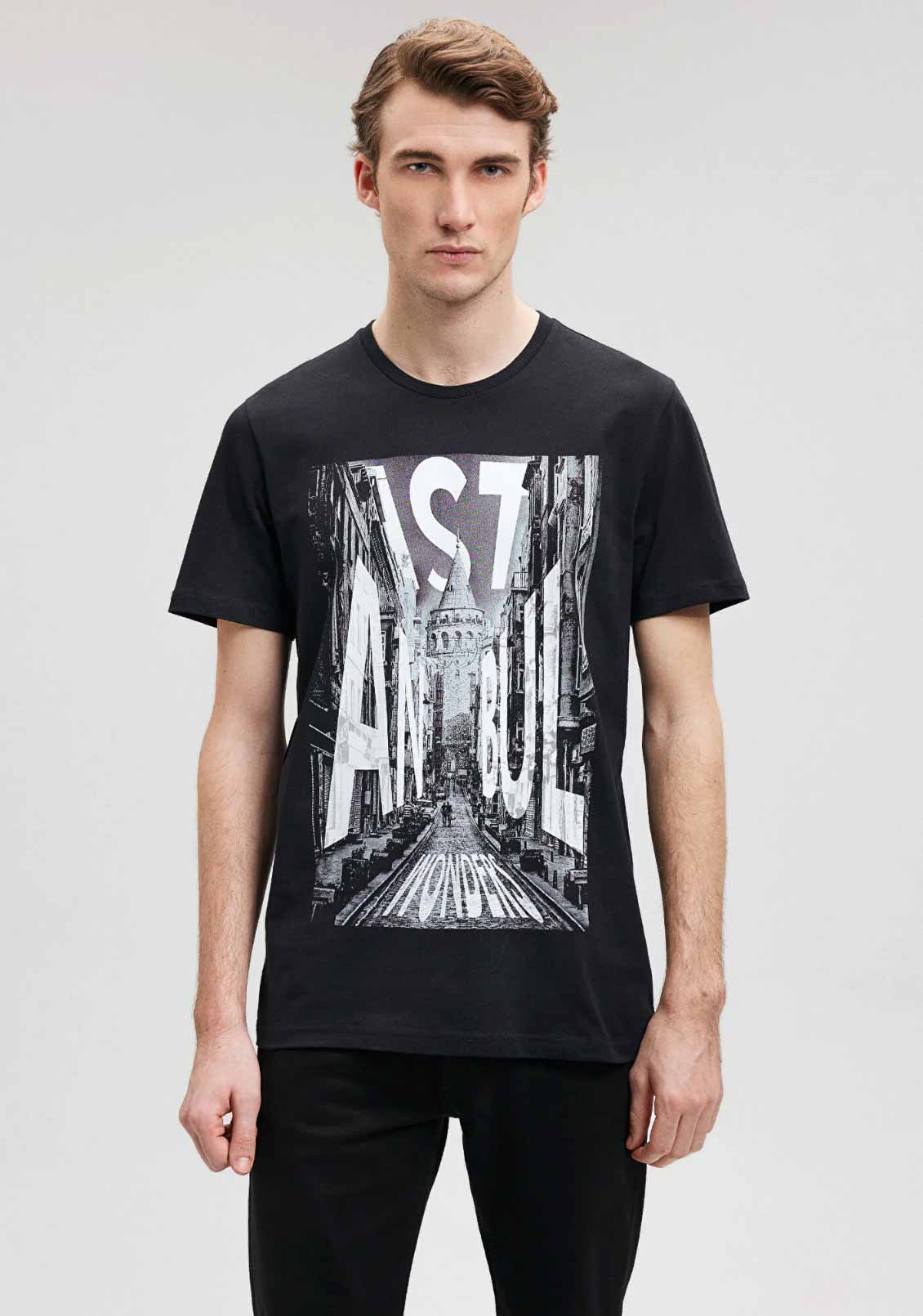 İstanbul Galata Baskılı Siyah Tişört