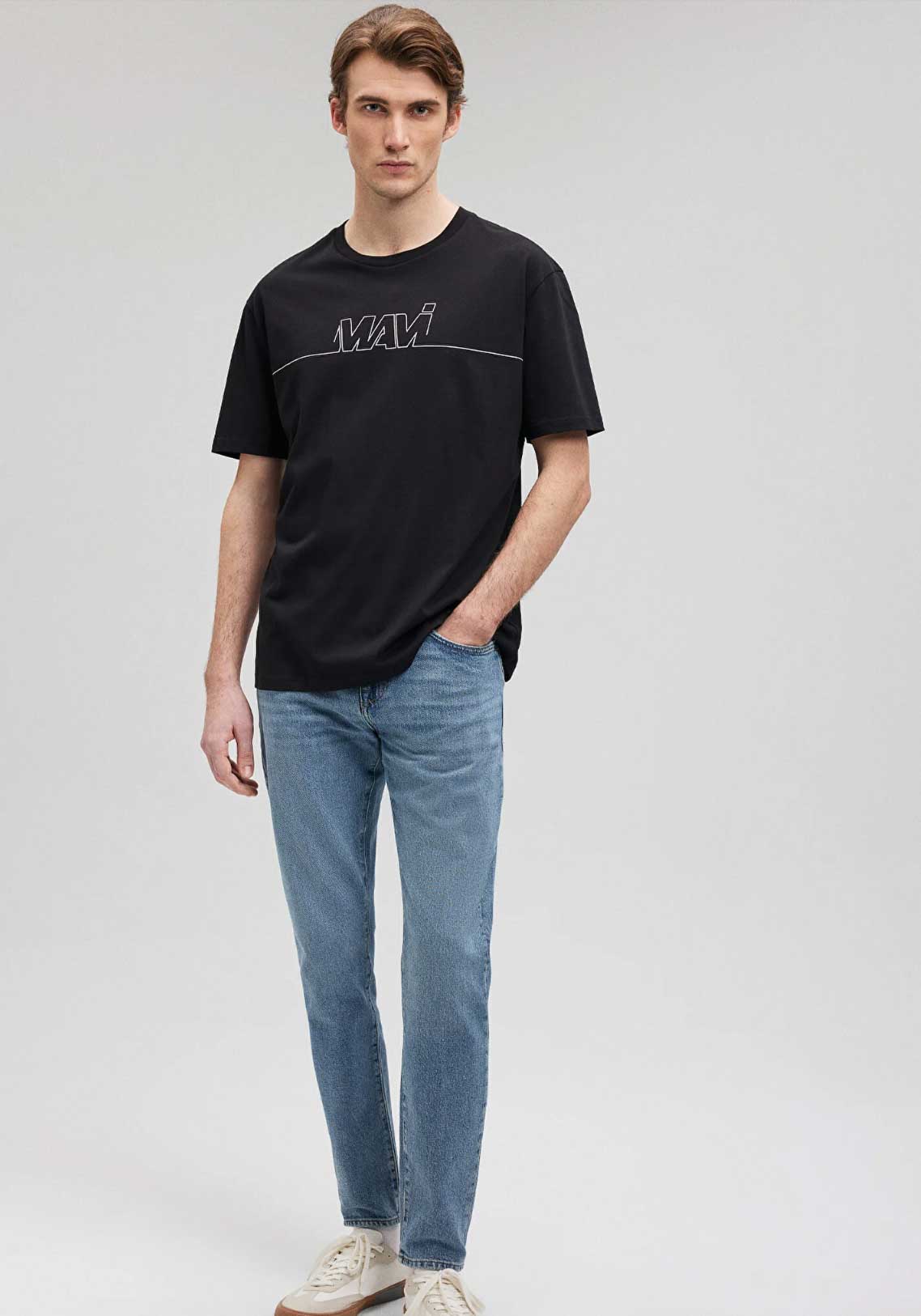 Mavi Logo Baskılı Siyah Loose Fit Tişört