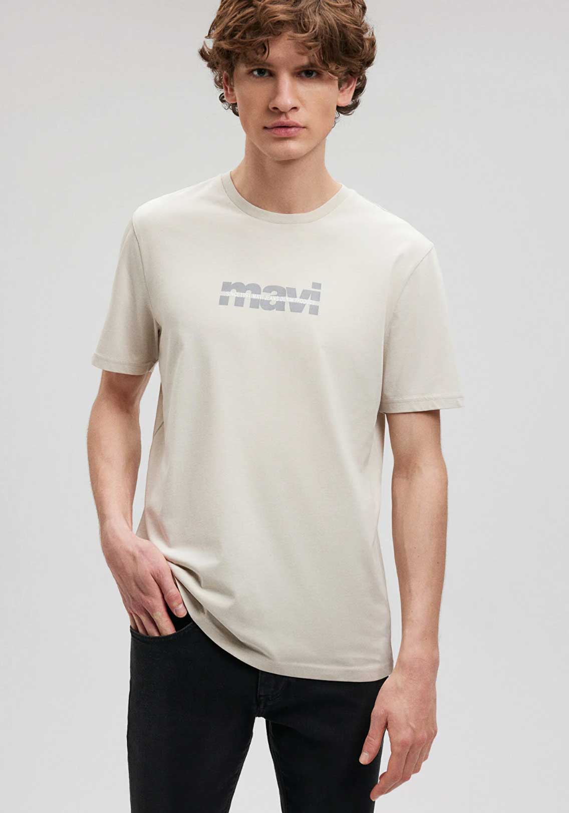 Mavi Logo Baskılı Gri Tişört