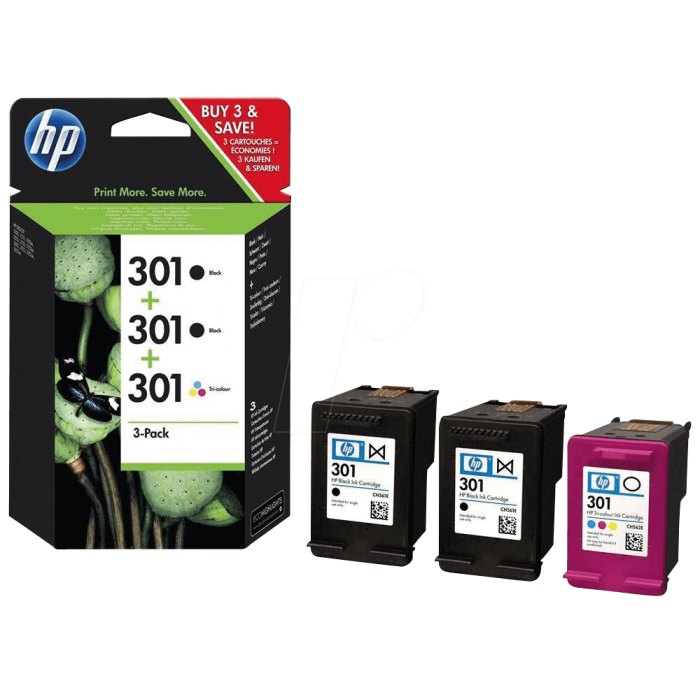 HP 301  3lü Paket Orijinal Mürekkep Kartuşları Siyah (2 ad)/Üç Renkli (1 ad)