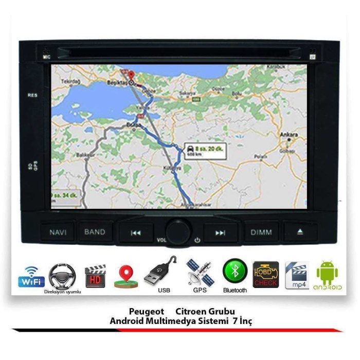 Peugeot 3008 Android Multimedya Sistemi 7 İnç (2009-2016) 2 GB Ram 16 GB Hafıza 4 Çekirdek Navigatör