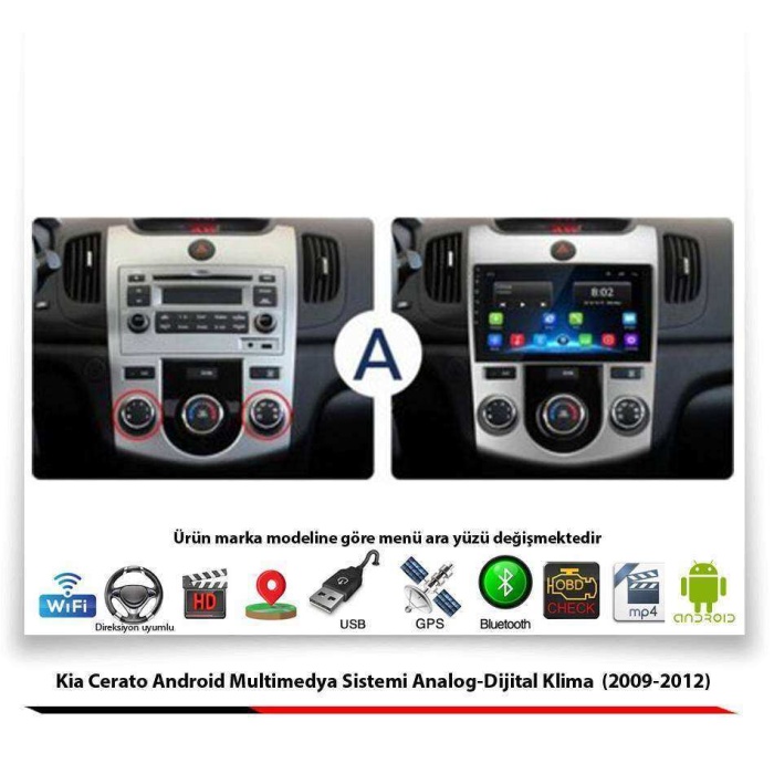Kia Cerato Android Multimedya Sistemi Analog Ditital Klima (2009-2012) 2 GB Ram 16 GB Hafıza 4 Çekirdek Navibox