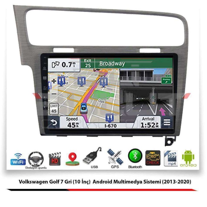 Volkswagen Golf 7 (10 İnç) Gri Android Multimedya Sistemi (2013-2020) 2 GB Ram 16 GB Hafıza 8 Çekirdek Necvox Evervox BRC