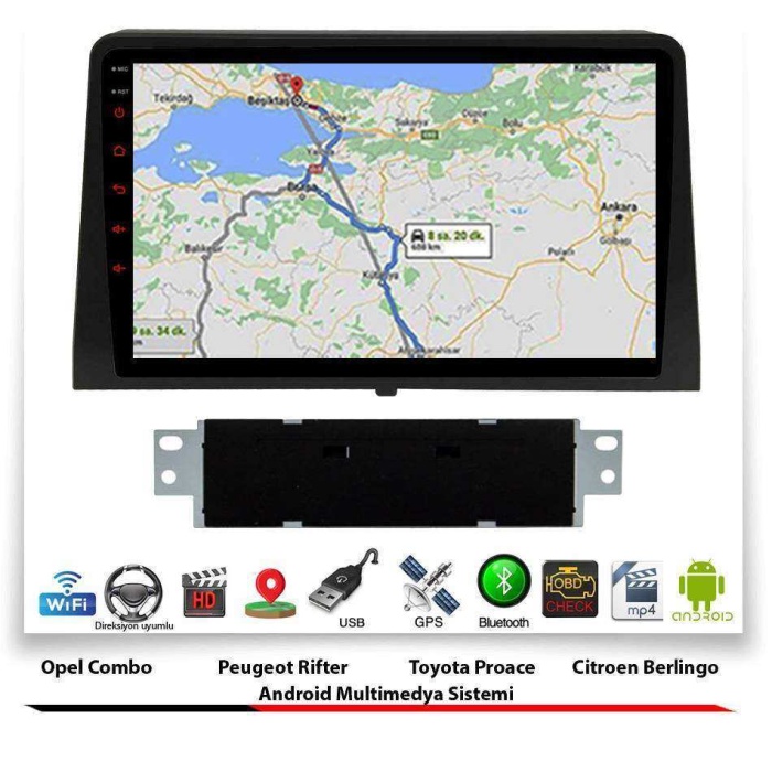 Opel Combo Android Multimedya Sistemi 10 İnç 2 GB Ram 16 GB Hafıza 8 Çekirdek Necvox Evervox BRC