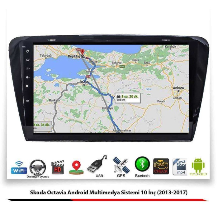 Skoda Octavia Android Multimedya Sistemi 10 İnç (2013-2017) 2 GB Ram 16 GB Hafıza 4 Çekirdek Navigatör