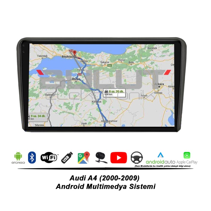 Audi A4 Android Multimedya Sistemi (2000-2009) 2 GB Ram 32 GB Hafıza 4 Çekirdek İphone CarPlay Android Auto Navigold