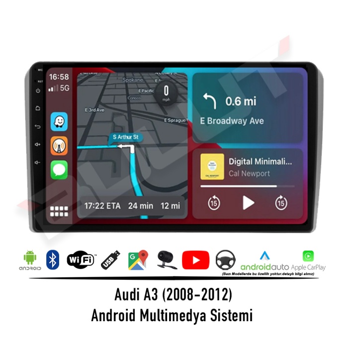 Audi A3 Android Multimedya Sistemi (2008-2012) 3 GB Ram 32 GB Hafıza 4 Çekirdek İphone CarPlay Android Auto Newfron Navera