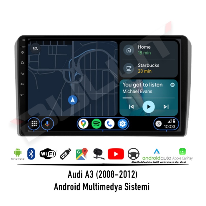 Audi A3 Android Multimedya Sistemi (2008-2012) 8 GB Ram 128  GB Hafıza 8 Çekirdek İphone CarPlay Android Auto  Navigatör Premium Series