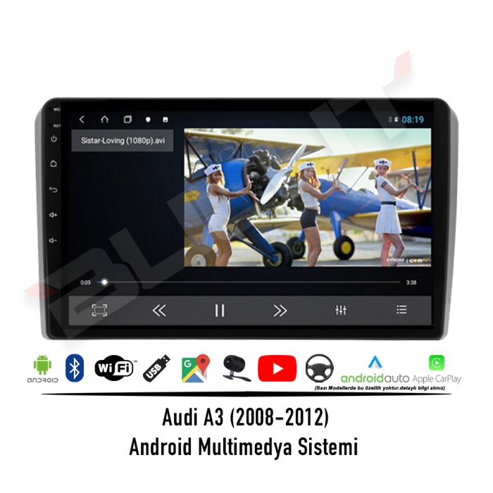 Audi A3 Android Multimedya Sistemi (2008-2012) 2 GB Ram 32 GB Hafıza 4 Çekirdek İphone CarPlay Android Auto Cadence Soundstream Pyle