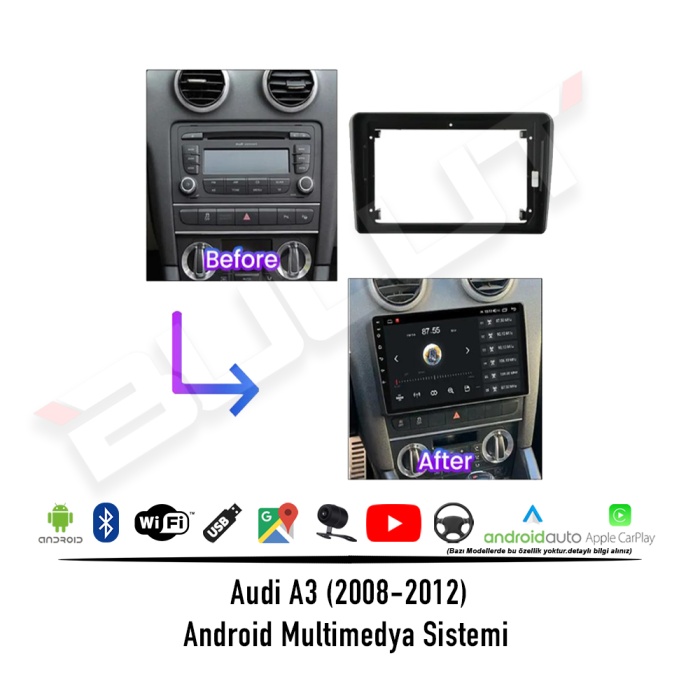 Audi A3 Android Multimedya Sistemi (2008-2012) 2 GB Ram 32 GB Hafıza 4 Çekirdek İphone CarPlay Android Auto Soundway Sungate