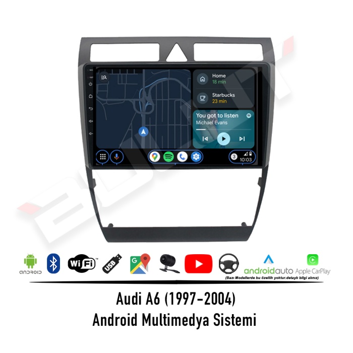 Audi A6 Android Multimedya Sistemi (1997-2004) 2 GB Ram 32 GB Hafıza 4 Çekirdek İphone CarPlay Android Auto Necvox Evervox BRC