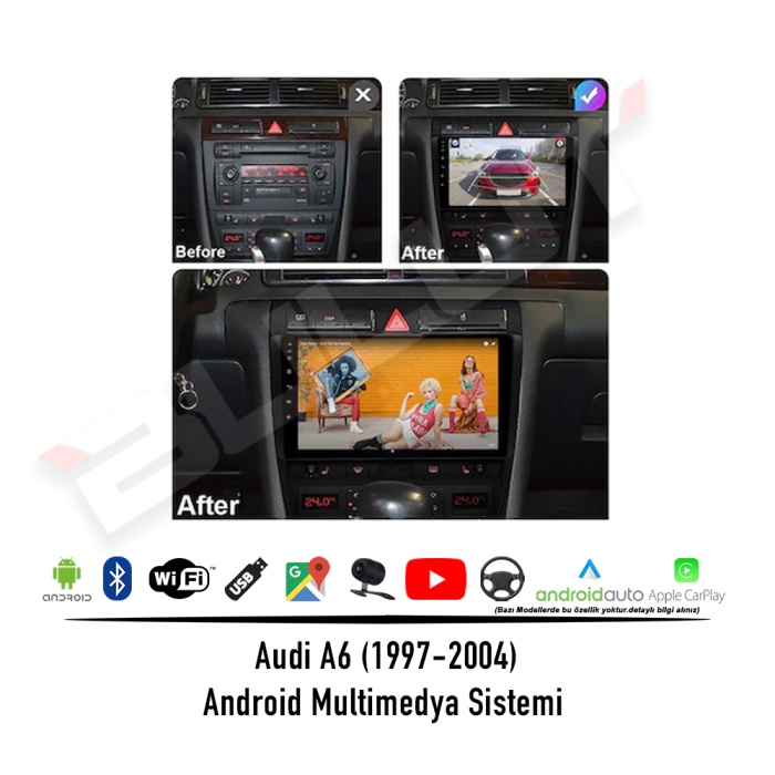 Audi A6 Android Multimedya Sistemi (1997-2004) 2 GB Ram 32 GB Hafıza 8 Çekirdek İphone CarPlay Android Auto Avgo