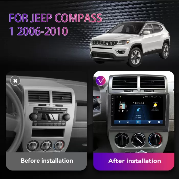 Jeep Compass Android Multimedya Sistemi (2007-2009) 2 GB Ram 32 GB Hafıza 4 Çekirdek İphone CarPlay Android Auto Soundway Sungate