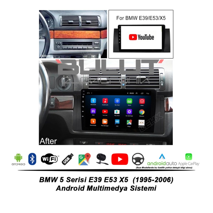 BMW 5 Serisi E39 E53 X5 Android Multimedya Sistemi (1995-2006) 2 GB Ram 32 GB Hafıza 8 Çekirdek İphone CarPlay Android Auto Pıoneer Roadstar Seri