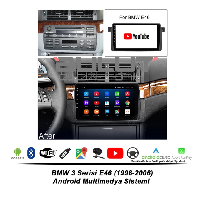 BMW 3 Serisi E46 Android Multimedya Sistemi (1998-2006) 2 GB Ram 32 GB Hafıza 4 Çekirdek İphone CarPlay Android Auto FOR-X Jameson